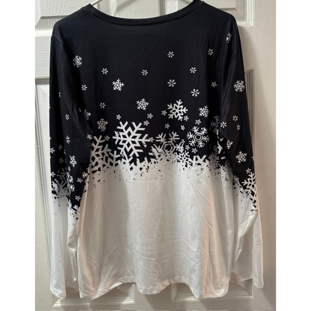Navy White Ombre Snowflake Print Long Sleeve Top XXL Winter Holiday Crewneck